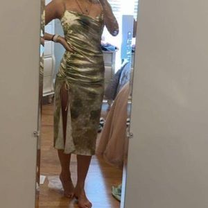 Princess polly polka dot sage green silk dress with slit